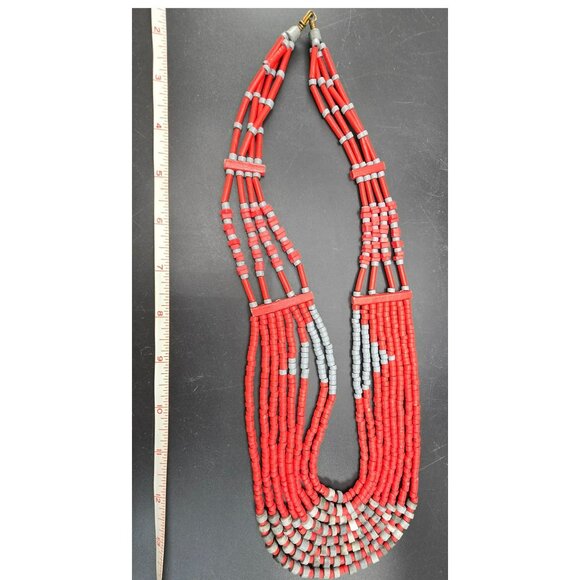 Vintage Multilayer Red & Gray Beaded Statement Necklace HS201 - Picture 7 of 9